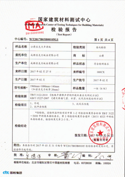 Chine Chengdu Cast Acrylic Panel Industry Co., Ltd certifications
